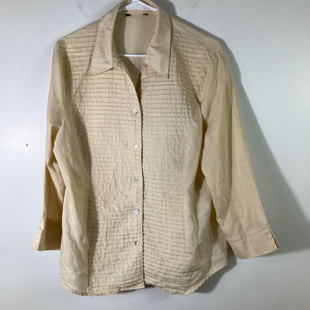 Womens Ramie Pleated Front Princess Cut Button Shirt Peach Beige L